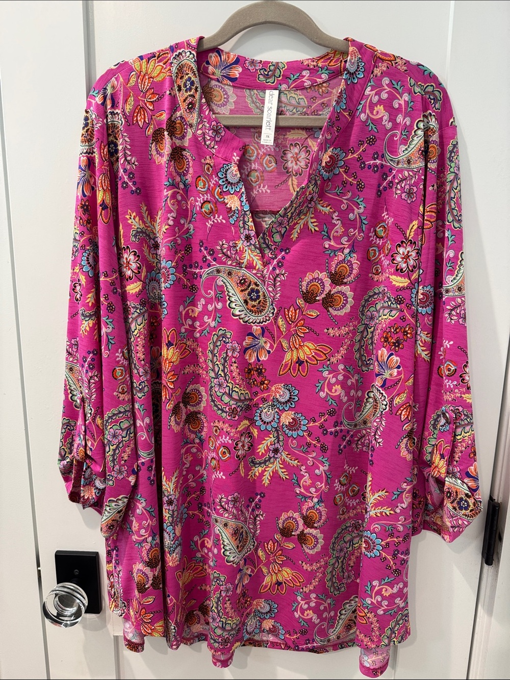 Women's Bright Pink Paisley Split-Neck Blouse